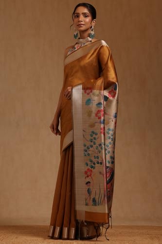 Soch Womens Mustard Tussar Floral Printed Saree