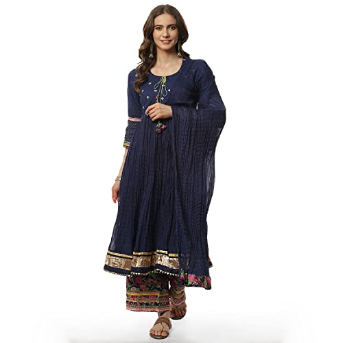 BIBA Women Cotton Solid Straight Salwar Kurta Dupatta(Skdassorted7670_Blue_32)