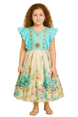 My Lil Princess Girls Calf-Length Floral Party Blue Dress with Embroidered Bodice – Cotton Lining – Birthday & Celebration Wear (3–9 Years)