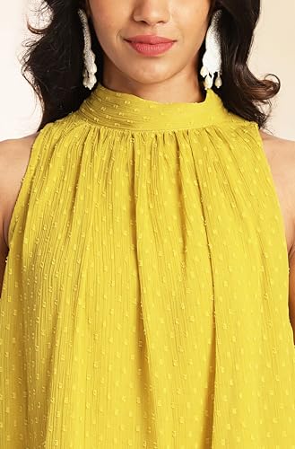 Janasya Women's Yellow Dobby Chiffon Solid Co-ord Set(SET916-CO-ORD-L)