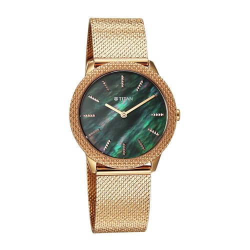 Titan Glamour Quartz Analog Green Mother of Pearl Dial Rose Gold Stainless Steel Strap Watch for Women