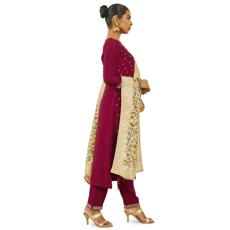 Soch Womens Maroon Silk Blend Embroidered Suit Set with Zari Woven Dupatta