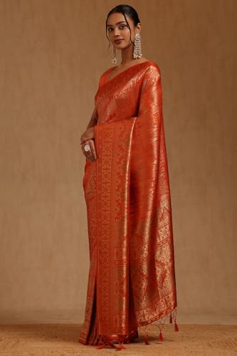 Soch Womens Orange Tussar Zari Woven Saree
