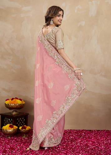 TRENDMALLS Women's Jacquard Silk Embroidery work Saree with Unstitched Blouse Piece (K1063-Peach)