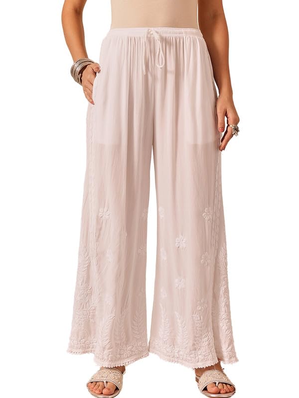 Ada Lucknowi Chikankari Hand Embroidered Modal Flared Palazzo for Women A711198