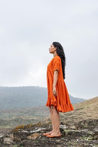 MIORAH Ethnic Dress for Women and Girls, Western Slub Cotton V Neck One-Piece for Women’s, Stylish Oversized Half Sleeve Midi Dress, Hand Embroidery with Metal Sequins (Colour- Orange, Size- 3XL)