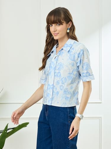 Latin Quarters Women's Blue Half Sleeves Collar Neck Casual Printed Top_XL