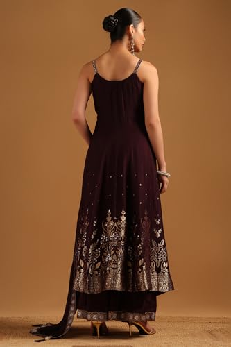 Soch Womens Wine Brocade Zari Woven Salwar Suit With Stone Work