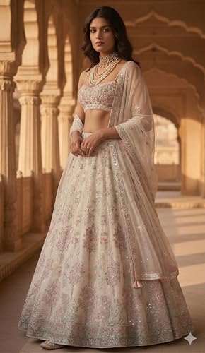 Kuber Enterprise Women's Semi-Stitched Sequence,Thread Embroidery Work Georgette Lehenga Choli With Georgette Dupatta(CREAM_V3-029)