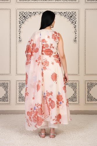 W for Woman Peach Floral Printed Chanderi Flared Kurta with Straight Pant and Dupatta Set (WS12803-125939-XL)