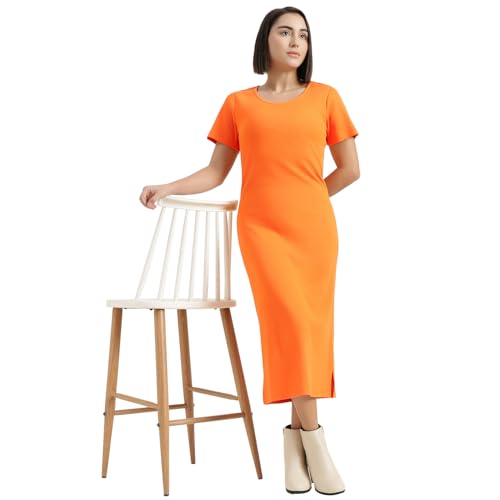 United Colors of Benetton Round Neck Solid Dress (Size : XS) - 26P3RYCD400YI0F4 Orange