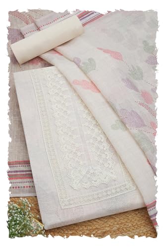 Soch Womens Beige Linen Floral Print Unstitched Dress Material With Pearl