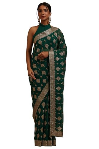 Soch Womens Teal Green Georgette Floral Zari Embroidered Saree With Stone Work