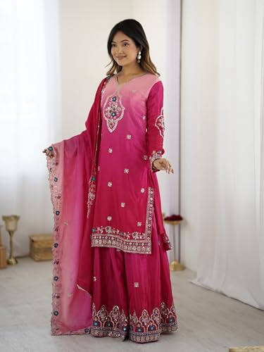 Leeli Peeri Designer Women's Chinon Silk Embroidery Kurta Palazzo and Dupatta Set