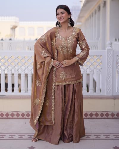 Women's Silk Blend Embroidered Kurta Set With Palazzo And Dupatta