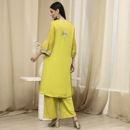 BIBA Women Lime Green Embroidered Straight Suit Set_38