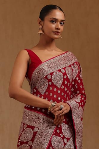 Soch Womens Magenta Georgette Embroidered Saree With Stone Work