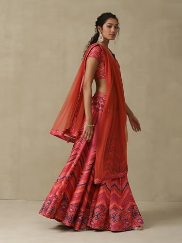 Aarke Ritu Kumar Pink Chevron Printed Lehenga With Blouse And Dupatta