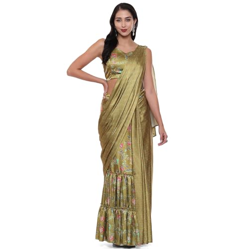 BIBA Women Cotton Blend Printed Straight Saree (Skdassorted9114_Green_38)