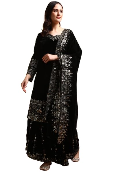 Brulry Women's Black Embroidered Velvet Kurta with Sharara & With Dupatta