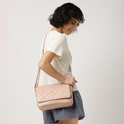 Fastrack Metro Quilted Sling Bag for Women|Pink Faux Leather Crossbody Bag|Quilted Flap Design with Zip & Magnetic Closure Spacious Compartment with Organiser Pockets|Adjustable Strap|External Pocket