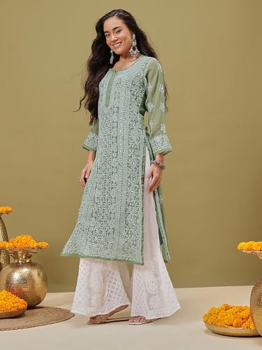 Ada Lucknowi Hand Embroidery Chikankari Georgette Kurta Kurti with Slip for Women A411217 Green (M)