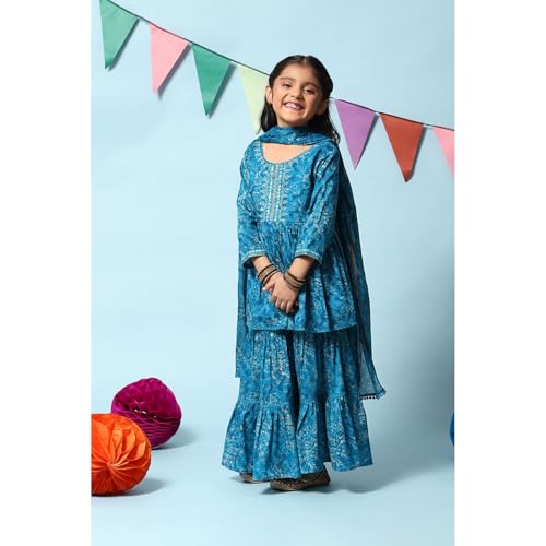 BIBA GIRL PRINTED FLARED KID(KW4948_TEAL BLUE_15)