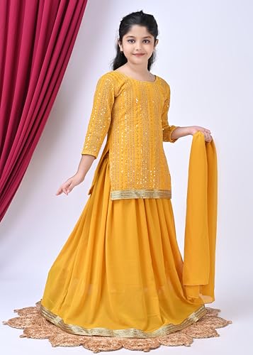 SPAMitude - Georgette Sequin Lehenga Kurta, Skirt and Dupatta Set for Girls – Ethnic Party Dress I Birthday Dress I Trendy Classic I Round Neck Full Sleeves (Yellow, 4 to 5 Years)