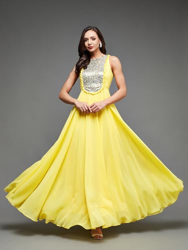 Miss Chase Women's Round Neck Sleeveless Embellished Frilled Georgette Maxi Dress (MCAW22D99-88-EFE-06, Carmine Yellow, XL)