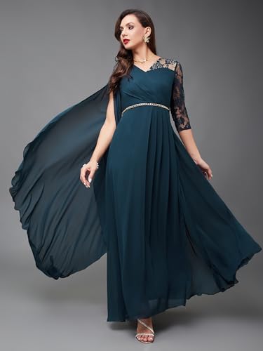 Miss Chase Women's V-Neck Asymmetric Self-Designed Georgette Maxi Dress (MCSS24D97-12-TUE-08, Gulf Teal, 3XL)
