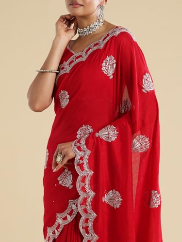 AKHILAM Women's Red Vichitra Silk Ethnic Motif Embellished Saree With Unstitched Blouse Piece (ANIKA2402_AG)