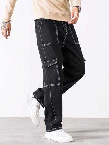 KOTTY Men's Solid Loose Fit Street Style Utility Wear Baggy Cargo Jeans(Black,28)