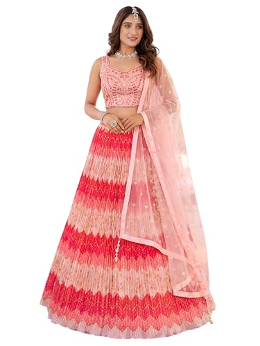 Zeel Clothing Women's Chinon Silk Embroidered Mirror Work Lehenga Choli with Dupatta (115-Pink-Women-New-Lehenga-Choli; Free Size; Pink)
