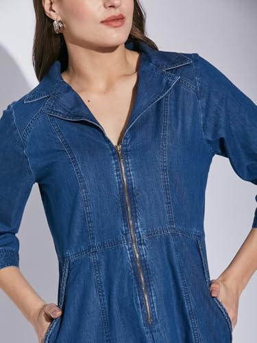 Latin Quarters Women Blue 3/4Th Sleeve Collared Solid Casual Dress_L