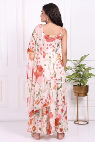 W for Woman White Floral Printed Crepe A-Line Kurta with Culotte and Dupatta Set - (WS13913-127594-XL)