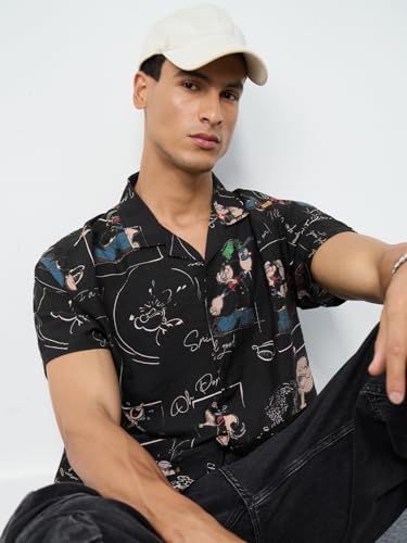 The Souled Store Popeye: Scribble Men and Boys Short Sleeves Collared Neck All Over Printed Viscose Blend Regular Fit Lightweight Casual Holiday Shirts