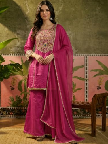 Women's Crepe Embroidered Kurta Set With Dupatta And Palazzo