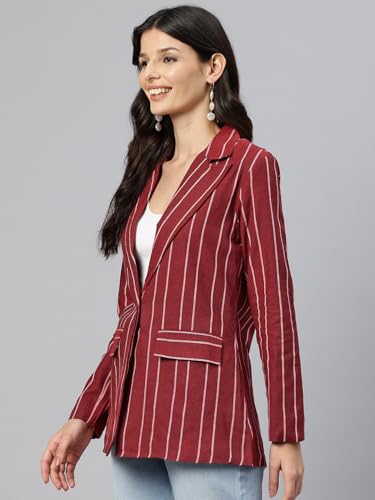 Cottinfab Women Maroon & White Striped Single-Breasted Pure Cotton Casual Blazer