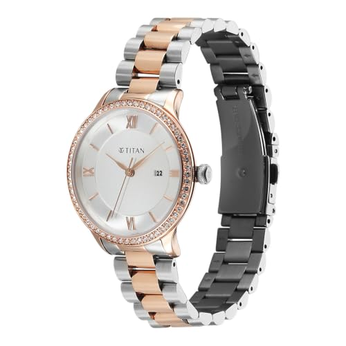Titan Purple Prestige Quartz 3 Hands + Date Round White Dial, Rose Gold Stainless Steel Strap Watch for Women - 95247KM03