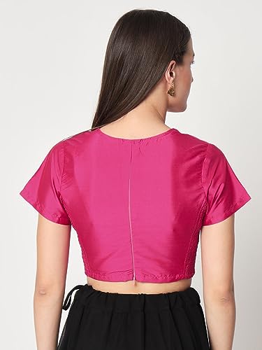studio rasa Women's Silk Blend Short Sleeve Stretchable Fitted Blouse for Wedding Party Festive Ethnic (Tpwc42318M_Pink_Medium)
