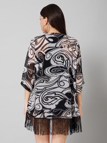 PURYS Women's Black & White Printed Kimono Shrug