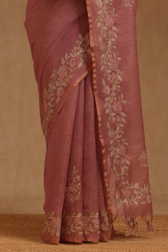 Soch Womens Blush Pink Linen Floral Printed Saree With Zari