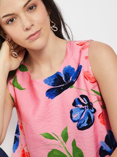 Max Women Floral Print Bubble Hem Top (Pink_M)