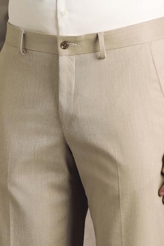 Men Beige Solid Flat Front Formal Trousers