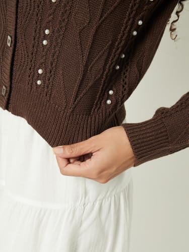 Max Women Embellished Knit Cardigan (Brown_S)