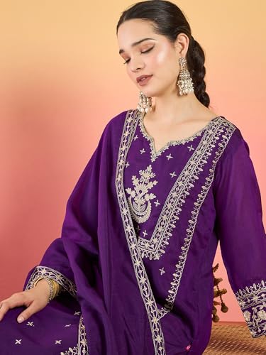 Varanga Women Kurta With Zari Embroidered Yoke And Border, Paired With Solid Trousers And A Matching Bordered Dupatta.