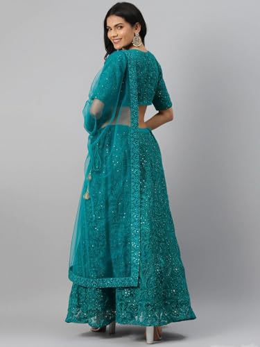 Zeel Clothing Womens Thread Sequins Embroidery Work Soft Net Semi Stitched Lehenga And Choli Set With Dupatta (6017-Teal-Green-Women- Lehenga-Choli; Free Size)