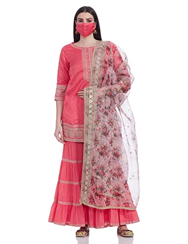 BIBA WOMEN SOLID; EMBROIDRED RELAXED SALWAR KURTA DUPATTA(SKDRUHANI7543_CORAL_38)