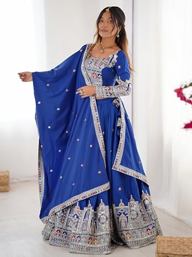 Zeel Clothing Women's Sequins Thread Embroidered French Crepe Lehenga Choli With Dupatta (5118-Royal-Blue-Women-Lehenga-Choli; Free size) (Royal Blue)