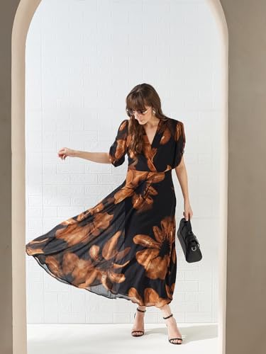 Latin Quarters Women's Brown Half Sleeves V-Neck Printed Casual Maxi Dress_S